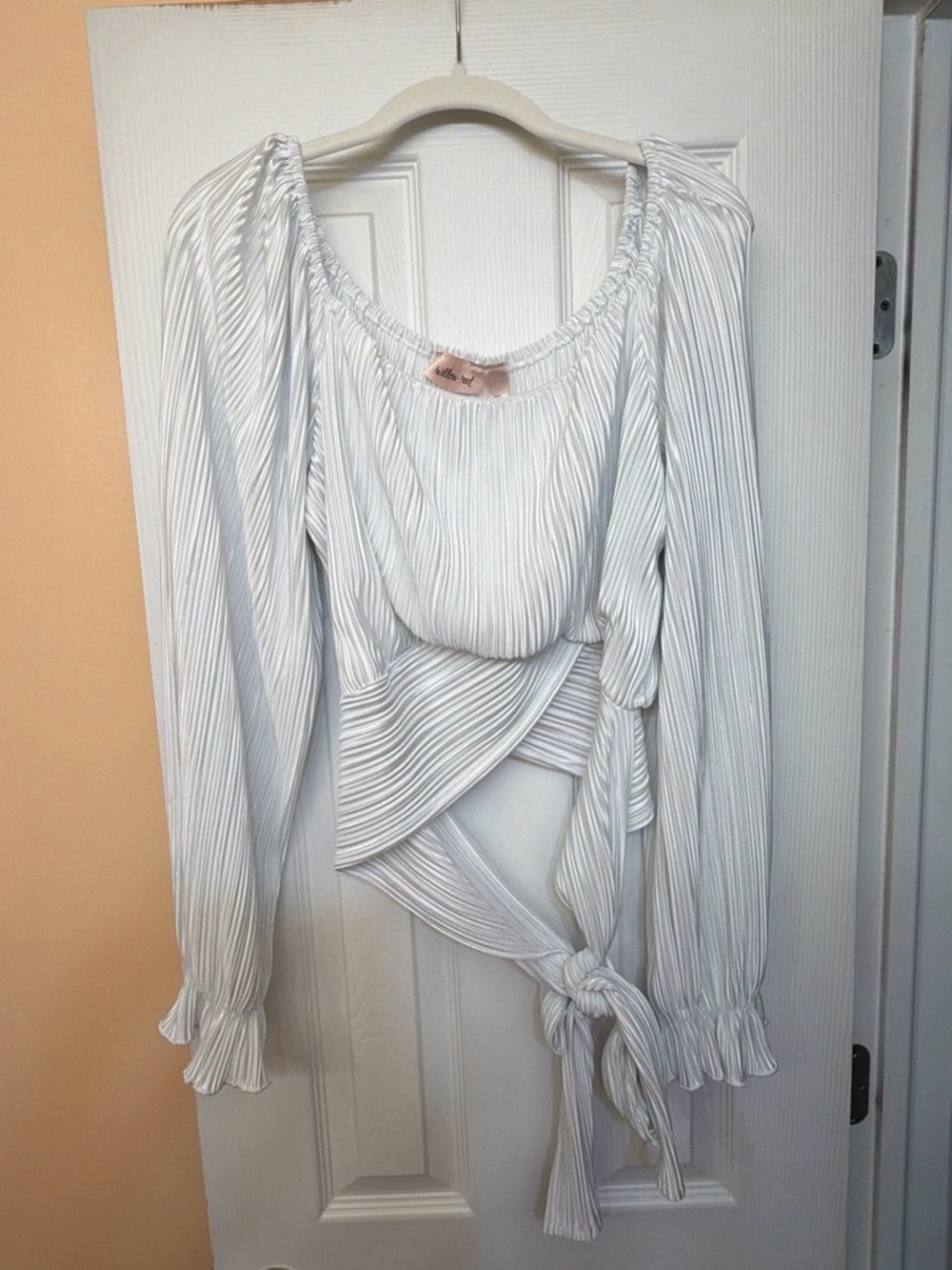 White Pleated Tie-Front Women's Blouse